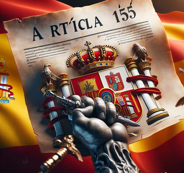 'Ilustración que representa el artículo 155 de la Constitución española con un fondo con la bandera de España.'