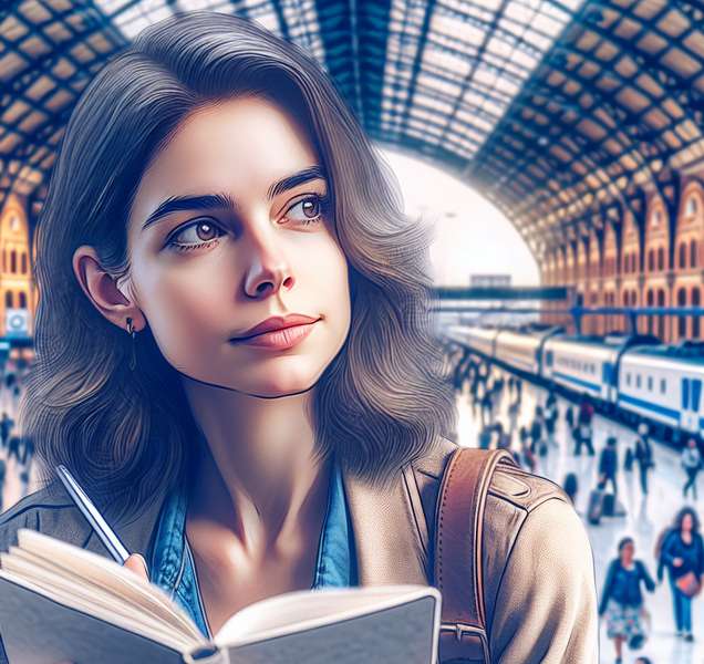 Imagen de Almudena Grandes, la conocida autora española, en la estación de tren de Atocha, lugar que inspiró su nombre literario.