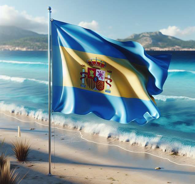 Bandera Azul ondeando en la playa española, símbolo de calidad y sostenibilidad ambiental.