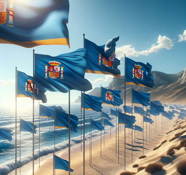 Imagen de banderas azules ondeando en una playa española bajo un cielo despejado y soleado