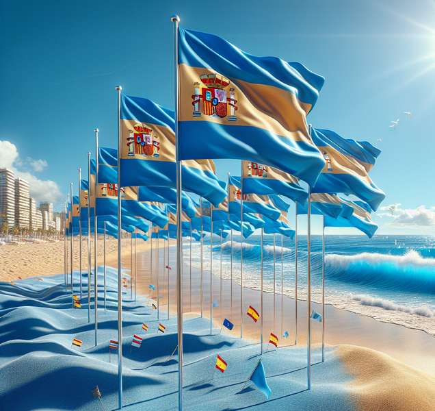 Imagen de varias banderas azules ondeando en una playa española, símbolo de calidad y limpieza en sus aguas.