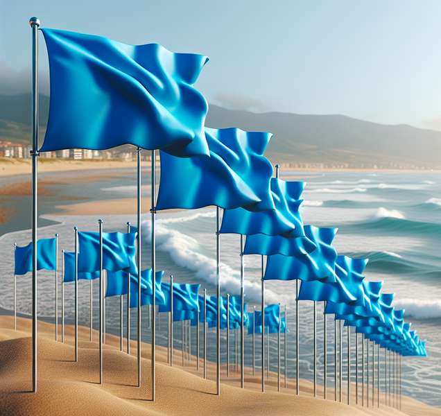Foto de varias banderas azules ondeando en la playa con el mar de fondo, símbolo de calidad y conservación ambiental en las costas españolas.
