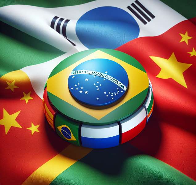 'Logotipo del grupo BRICS, representando a Brasil, Rusia, India, China y Sudáfrica, en contraste con la bandera de Occidente, simbolizando un desafío geopolítico y económico.'