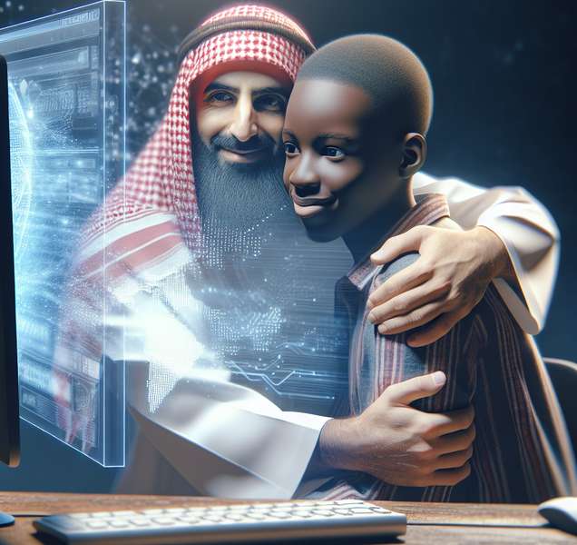 Padre e hijo abrazándose frente a una computadora, mostrando amor y protección en un entorno digital