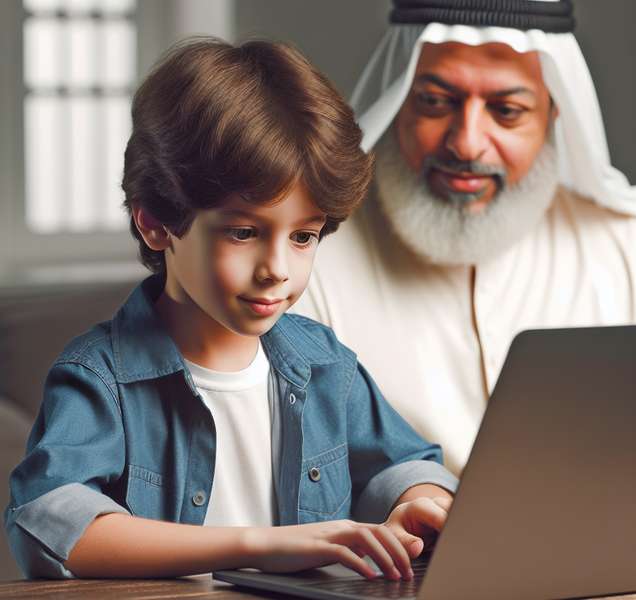 Un niño navegando por internet con su padre cercano, simbolizando protección y supervisión en línea de niños contra el grooming.