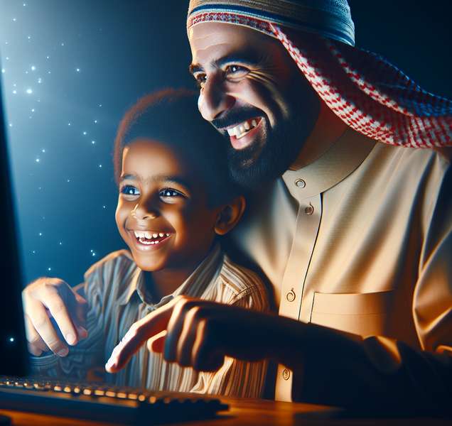 Padre e hijo usando una computadora juntos, navegando por internet y sonriendo.