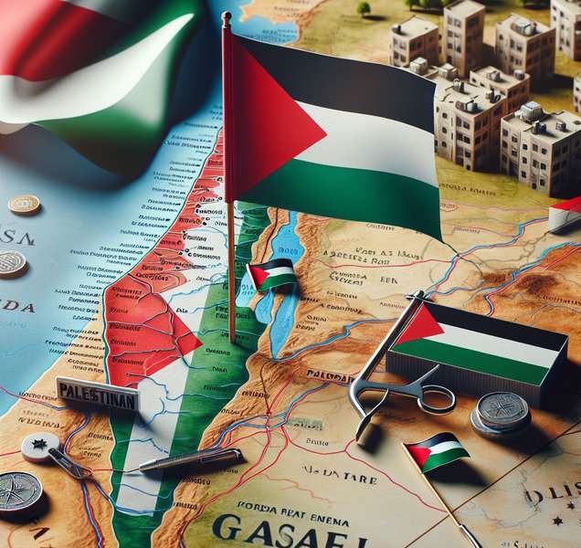 Imagen ilustrativa de un mapa de la región de Palestina y una bandera palestina, simbolizando la causa palestina y el conflicto en Gaza.