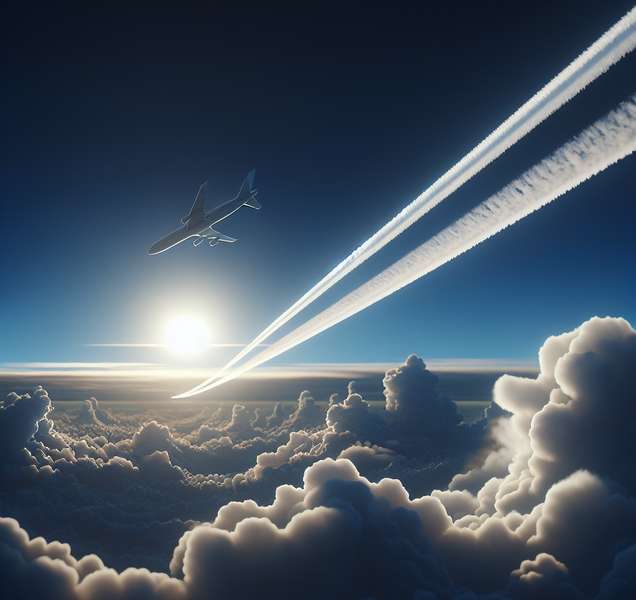 Imagen mostrando una estela blanca dejada por un avión en el cielo, relacionada con la teoría de los 'chemtrails'.