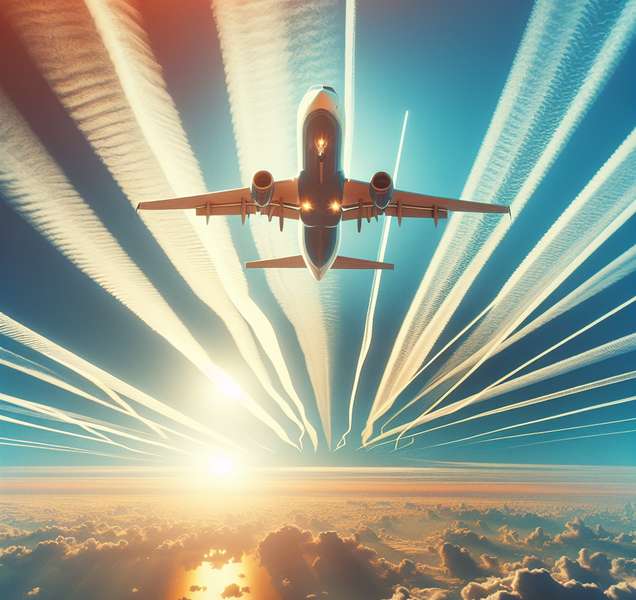 Imagen ilustrativa sobre el fenómeno de los 'chemtrails' en el cielo con un avión dejando estelas químicas.
