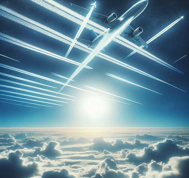 Imagen ilustrativa de un avión dejando estelas de condensación en el cielo, relacionado con teorías de conspiración sobre 'chemtrails'.