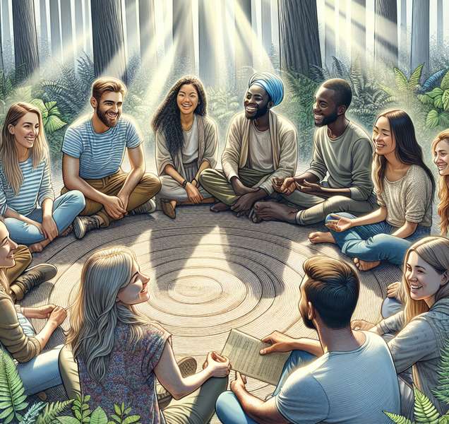 Imagen de un grupo de jóvenes sonrientes participando en un retiro espiritual en medio de la naturaleza, compartiendo momentos de reflexión y crecimiento personal.
