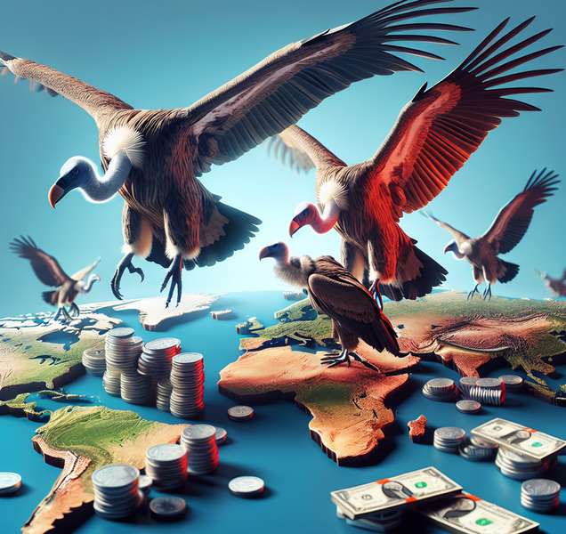 Imagen ilustrativa de buitres volando sobre el mapa del mundo, representando la presencia de fondos buitres en la economía global.