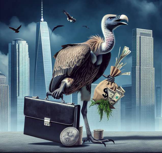 'Ilustración de un buitre con maletín financiero, representando la idea de fondos buitres en la economía mundial'.