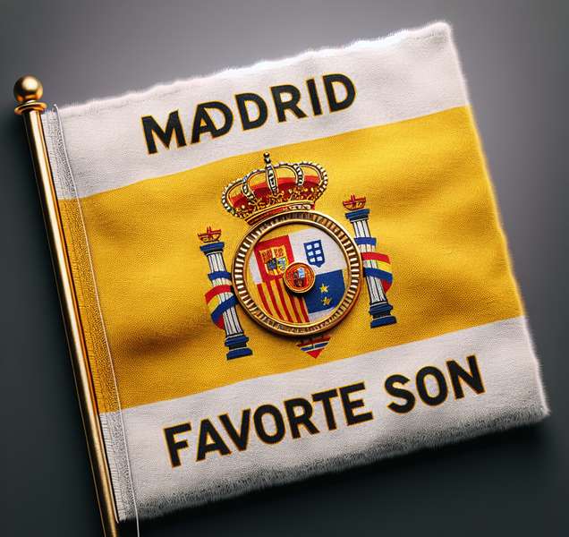 Imagen de la bandera de la Comunidad de Madrid con la palabra Hijo Predilecto y una medalla dorada, representando el título y cómo obtenerlo en Madrid.