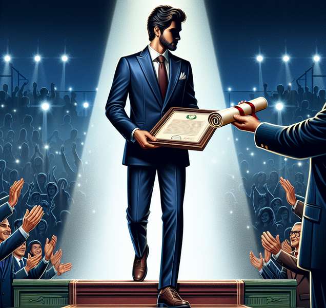 'Ilustración de una persona recibiendo el título de Hijo Predilecto de Madrid en un acto oficial.