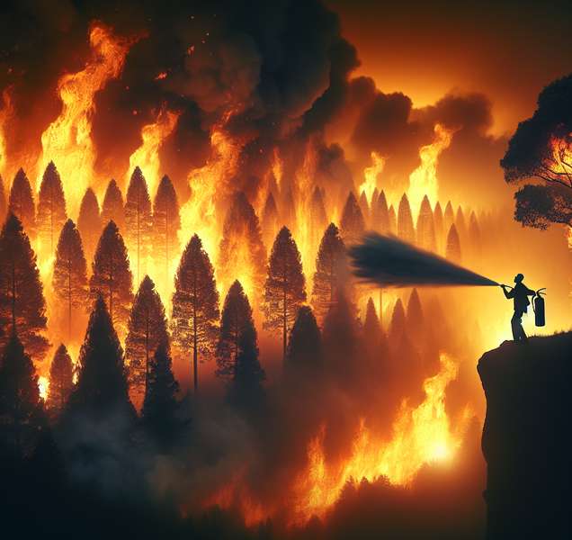 Imagen de un bosque en llamas con una silueta de una persona tratando de apagar el fuego con un extintor, ilustrando el concepto de incendios de sexta generación y la importancia de la prevención.