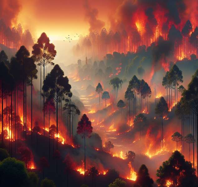 Imagen ilustrativa de un incendio forestal de gran magnitud, con tonos de color rojo y naranja, mostrando la devastación causada por un incendio de sexta generación.