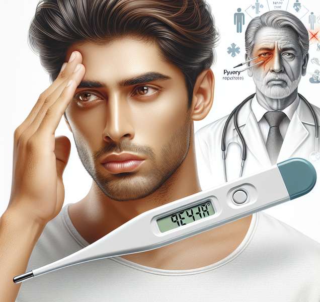 Imagen ilustrativa del artículo sobre pirexia médica, con un termómetro médico mostrando fiebre y una persona tomándose la temperatura en la frente.