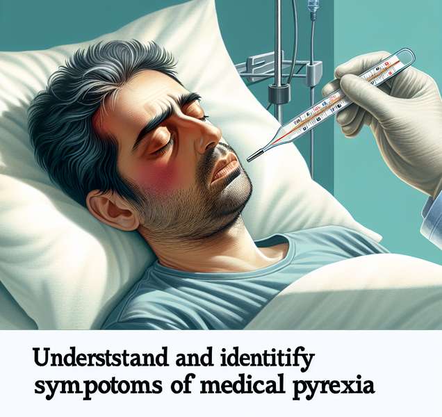 Imagen ilustrativa de una persona con fiebre, síntoma común de la pirexia médica. Texto: Significado y síntomas de la pirexia médica.