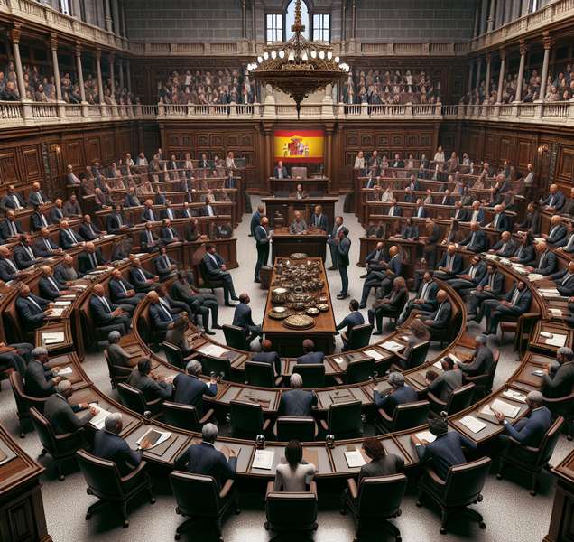 'Ilustración de un grupo de legisladores españoles en sesión parlamentaria discutiendo sobre el aforamiento en España.'