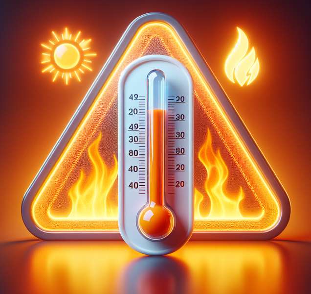 Termómetro marcando una alta temperatura y avisos de calor naranja en el fondo, representando el significado de alerta por altas temperaturas en el artículo.