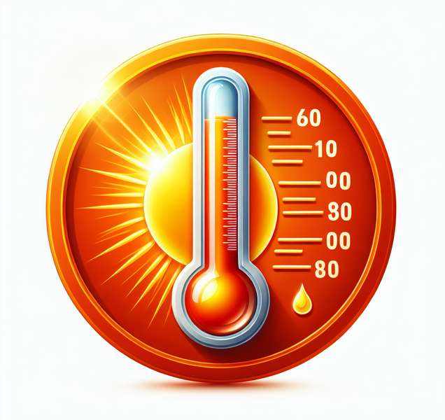 Imagen ilustrativa de aviso naranja por calor con termómetro subiendo y icono de sol radiante.