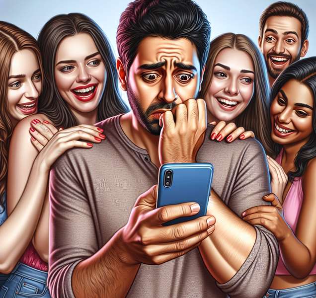 'Ilustración de una persona mirando ansiosamente su teléfono móvil mientras rodeada de amigos felices, representando el concepto de FOMO (Fear of Missing Out)'.