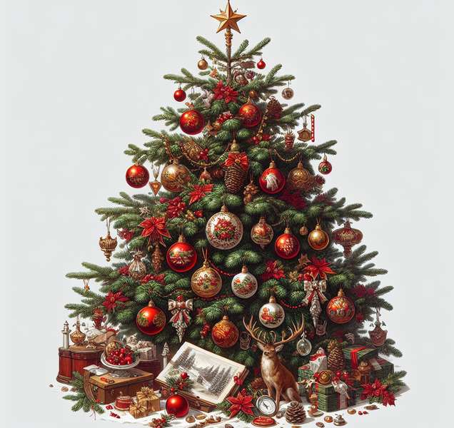 Imagen ilustrativa de un árbol de Navidad con decoraciones tradicionales, representando el origen y la historia de esta popular tradición navideña.