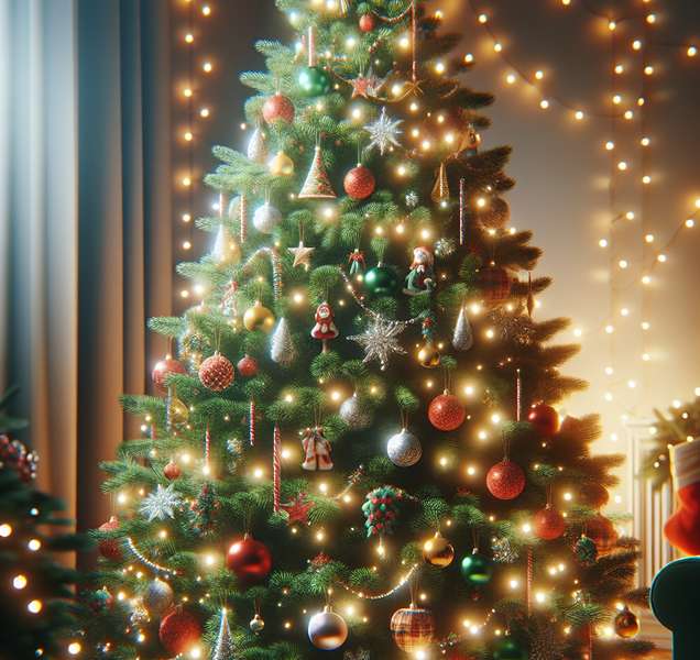 Imagen de un árbol de Navidad decorado con luces y ornamentos navideños, destacando la belleza y tradición de esta celebración.