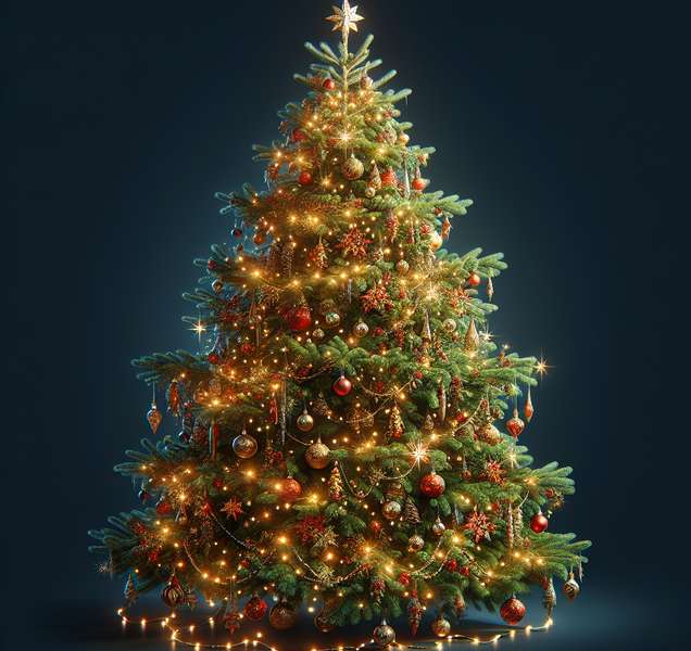 Imagen ilustrativa de un árbol de Navidad decorado con luces y ornamentos festivos, representando la tradición navideña y su origen histórico.