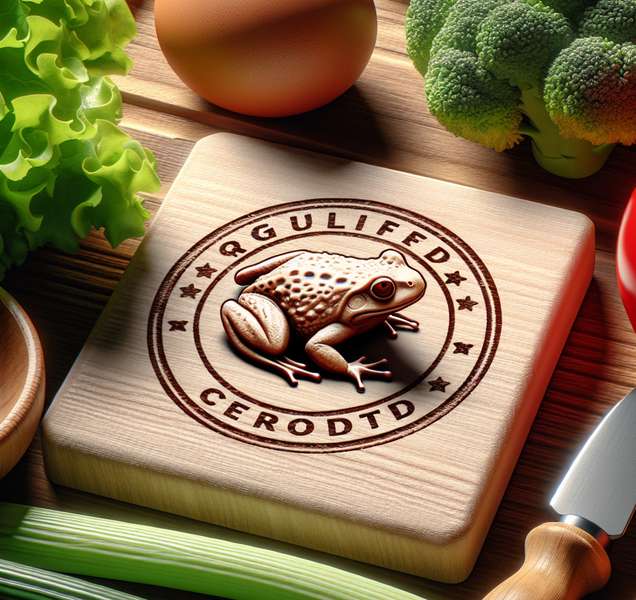 Imagen de un sello con forma de rana en un alimento, representando un certificado de calidad y frescura en la industria alimentaria.