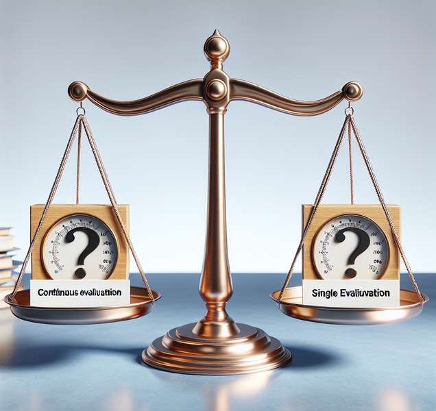 Imagen de dos escalas de equilibrio, una representando la evaluación continua y otra la evaluación única, con una interrogante sobre cuál es más efectiva en el ámbito universitario.