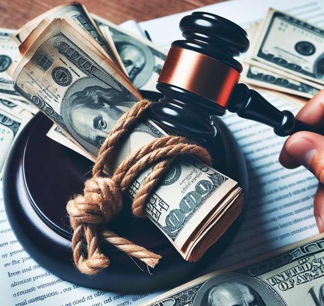 Imagen conceptual de un juez martillo con billetes de dinero, representando la malversación de fondos y las consecuencias legales.