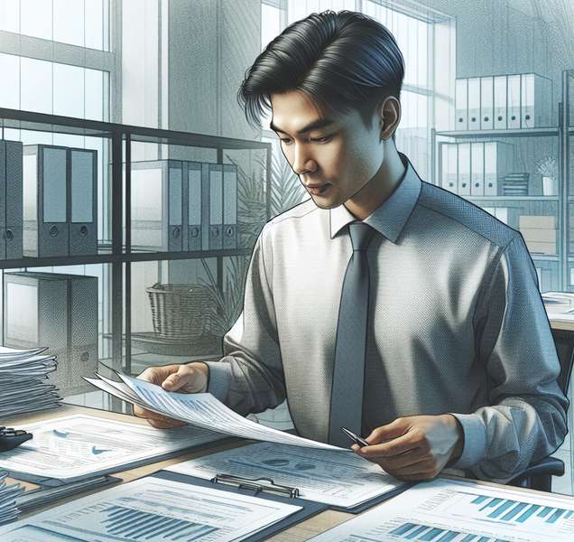 Imagen ilustrativa de un contador revisando documentos financieros en una oficina.