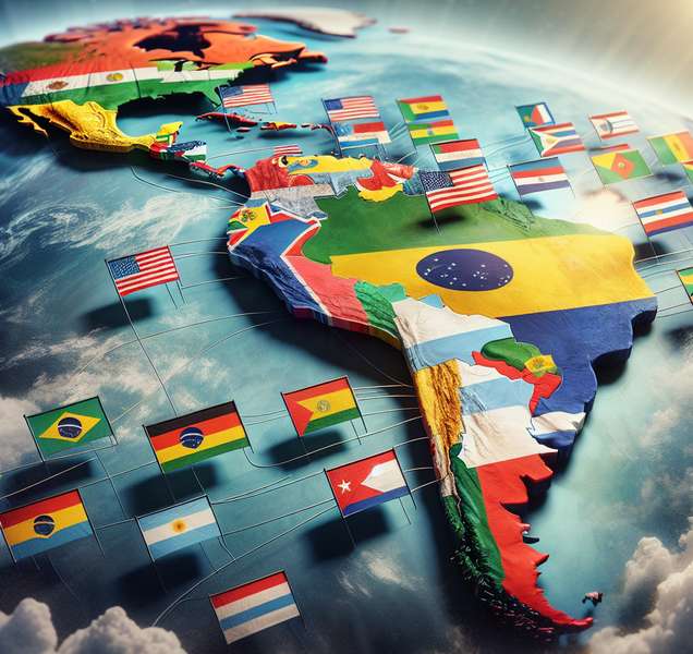 Imagen ilustrativa de banderas de países representativos del Mercosur y mapa de América Latina destacando los países miembros del bloque económico.