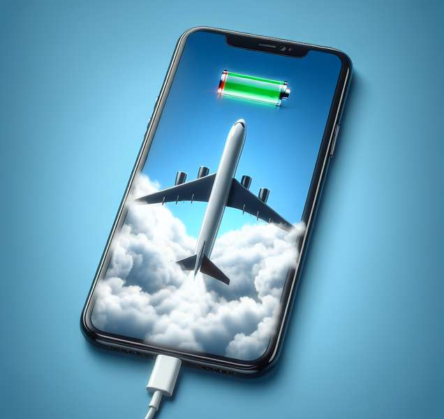 Imagen de un teléfono móvil con la función de modo avión activada, simbolizando el concepto de desconexión y ahorro de batería en dispositivos electrónicos.