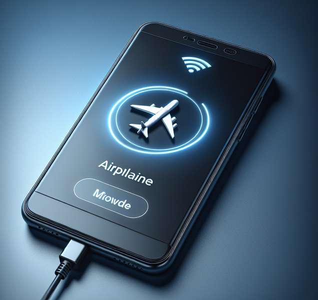 Imagen de un teléfono móvil con el modo avión activado, mostrando el icono del avión en la pantalla.