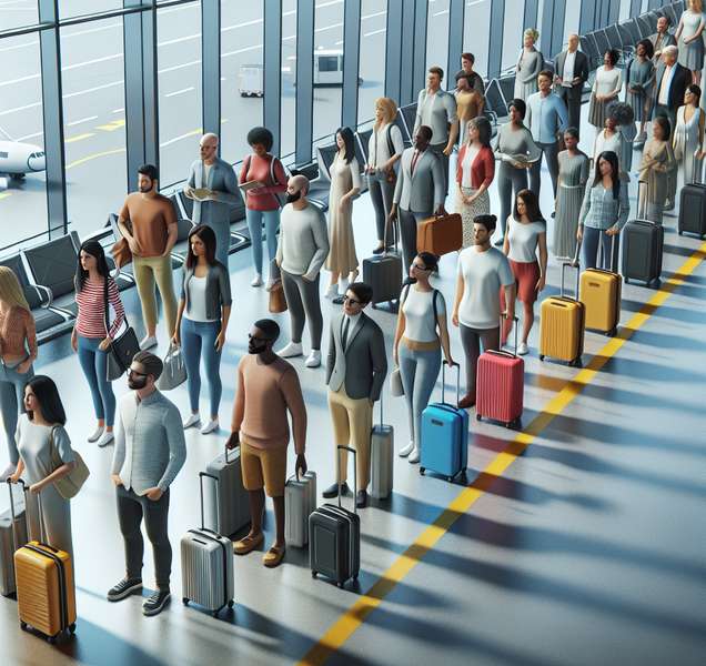 Personas esperando en una fila en el aeropuerto con maletas, ilustrando el concepto de overbooking en un vuelo.