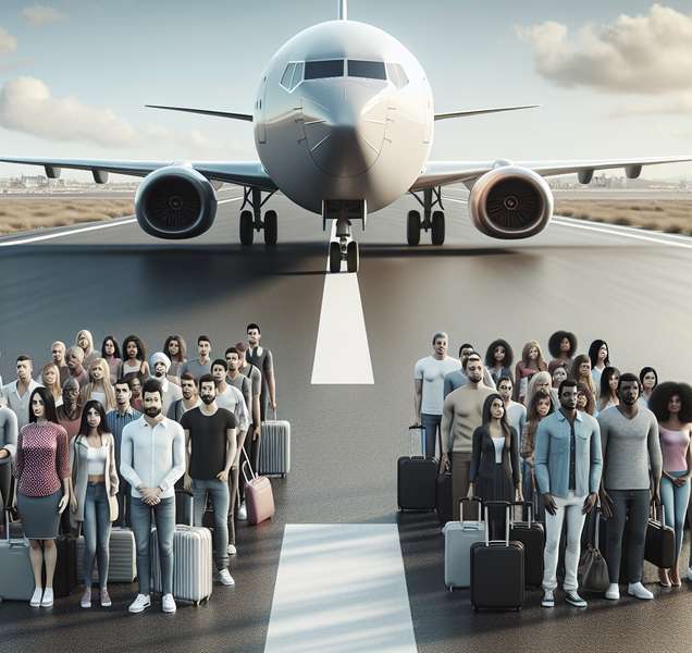 Imagen de un avión en pista con pasajeros esperando, representando el overbooking en vuelos.