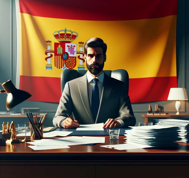 Foto de un hombre sentado en un despacho con una bandera de España detrás y papeles sobre la mesa, ilustrando la propuesta del Rey para presidente del Gobierno.