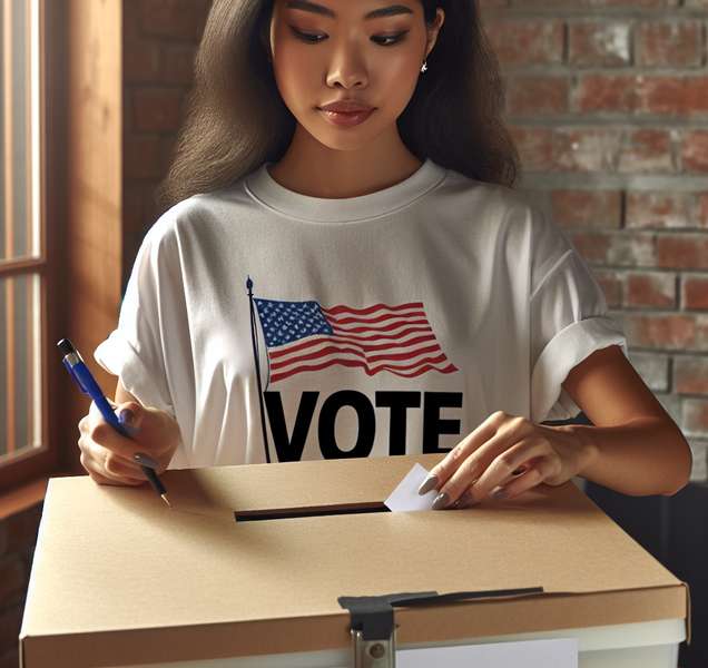 Persona utilizando una camiseta con propaganda electoral mientras emite su voto en una urna.