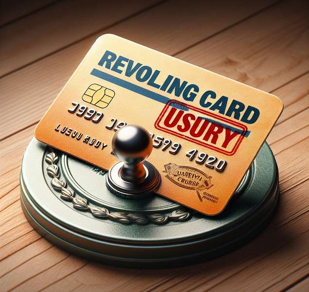 Imagen de una tarjeta de crédito con la leyenda tarjeta revolving y un sello de usura para ilustrar el concepto y el límite legal de este tipo de tarjetas.