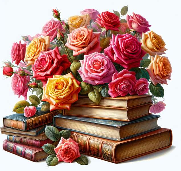 Imagen de un ramo de rosas junto a libros, simbolizando la festividad de Sant Jordi en Cataluña.
