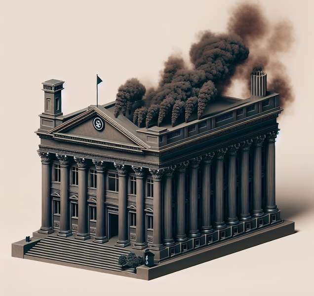Imagen representativa de un edificio bancario en tonos oscuros, simbolizando la gestión de activos tóxicos de Sareb durante la crisis financiera.