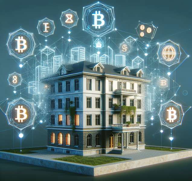 Representación digital de un edificio con gráficos que simbolizan la tokenización de activos inmobiliarios.