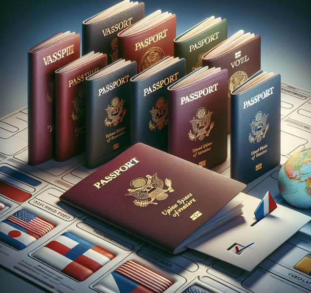 Imagen de varios pasaportes de diferentes países con un sobre de votación en primer plano.