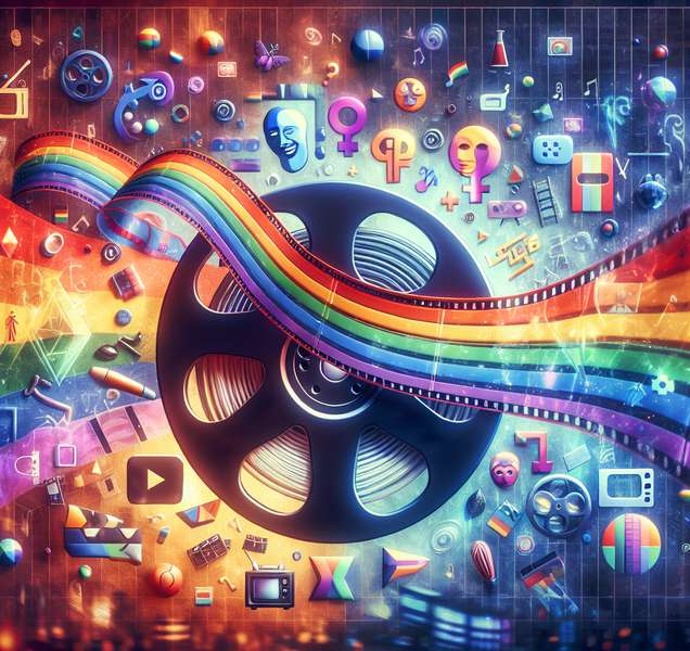 Una imagen con una paleta de colores vibrantes que representa la diversidad y la lucha por la visibilidad LGBTI en la industria del cine y las series televisivas.