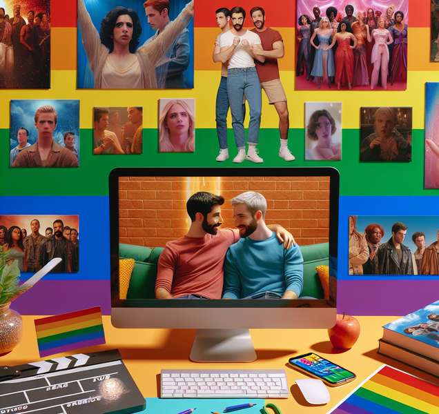 Imagen asociada al artículo que muestra una pantalla dividida con escenas de diferentes películas y series LGTBI, con un fondo de colores vibrantes y llamativos.