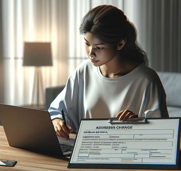 Persona joven llenando un formulario con una dirección en una computadora portátil, concepto de cambio de residencia y actualización de domicilio fiscal.
