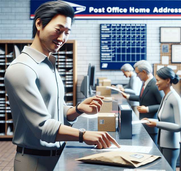 Imagen de una persona actualizando su domicilio fiscal en una oficina de correos, representando el cambio de residencia y la actualización de información fiscal.